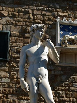 Florence - statue of David by Michaelangelo. A copy of the statue standing in the original location of David, in front of the Palazzo Vecchio in Florence.