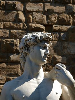 Florence - statue of David by Michaelangelo. A copy of the statue standing in the original location of David, in front of the Palazzo Vecchio in Florence.