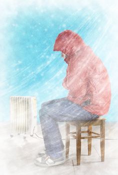 Cold winter wind with snow blows in the living room. Freezing guy in warm clothes is sitting near the heating radiator.