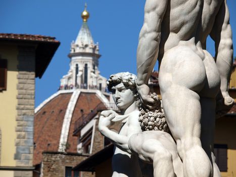 Florence - Hercules and Cacus by Bandinelli and David by Michelangelo in Piazza Signori