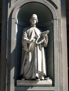 Leon Alberti in the Niches of the Uffizi Colonnade, Florence. The niches beneath the porticos of the Uffizi Gallery were originally designed by Vasari purely as architectural features but by the first half of the 19th Century they were occupied by 28 statues of famous people from the worlds of politics, art, literature, science, the judiciary and also religious figures