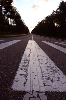 Asplhalt road pedestrian crossings and markings deviding road.