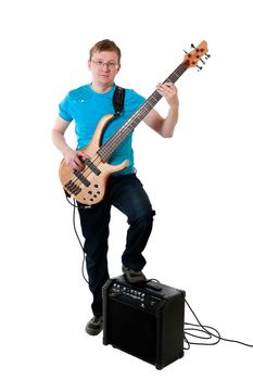 Young guitarist with electro guitar on white background