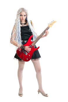 Young guitarist with red guitar on white background