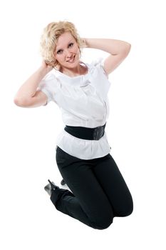 Women in white blouse  and black trousers isolated on white background