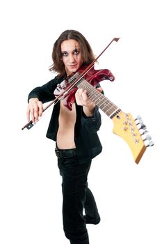 Young guitarist with red guitar on white background