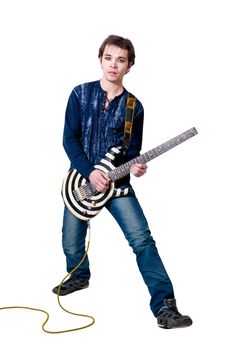 Young guitarist with electric guitar on white background