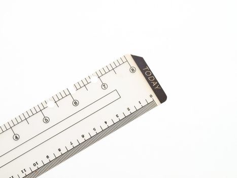 Closeup of used plastic ruler isolated on white background