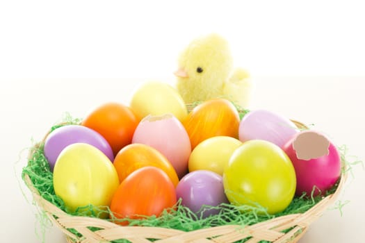 Easter eggs in a basket with chick