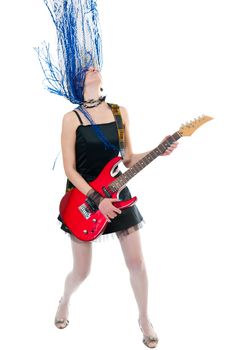 Young guitarist with red guitar on white background