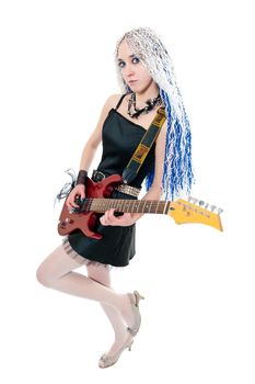 Young guitarist with red guitar on white background