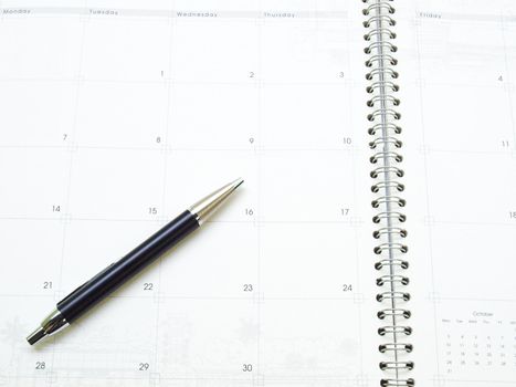 A calendar page in organizer and a pen as background