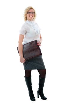 Women in white blouse  and grey skirt isolated on white background