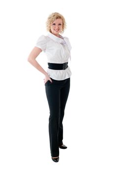 Women in white blouse  and black trousers isolated on white background