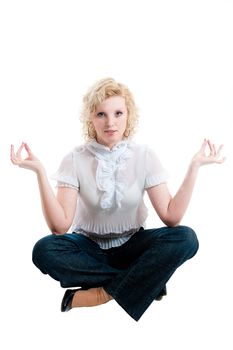 Women in white blouse  and jeans isolated on white background