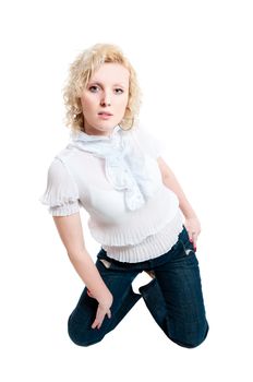 Women in white blouse  and jeans isolated on white background