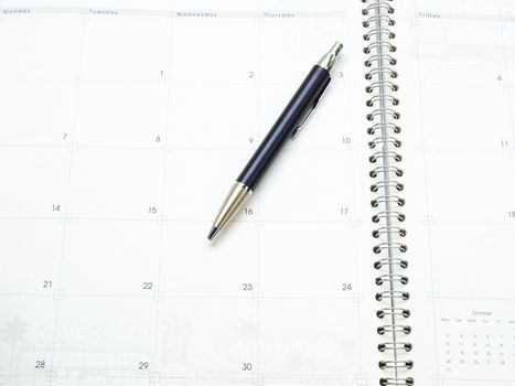 A calendar page in organizer and a pen as background