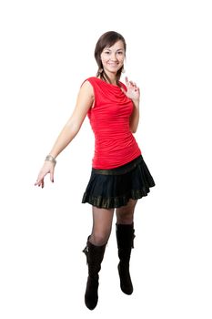 Beauty women in red blouse and black skirt isolated on white background