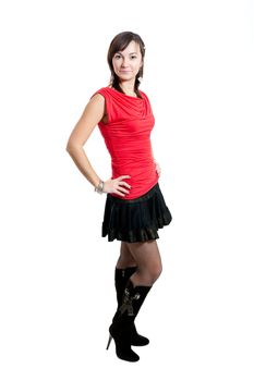 Beauty women in red blouse and black skirt isolated on white background