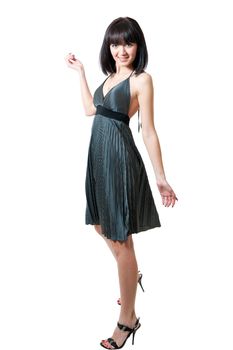 Young girl in black dress isolated on white background