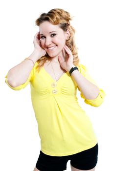 Young girl in yellow blouse isolated on white background