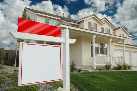 Blank Real Estate Sign in Front of Beautiful New Home