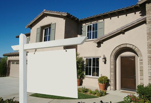 Blank Real Estate Sign in Front of Beautiful New Home