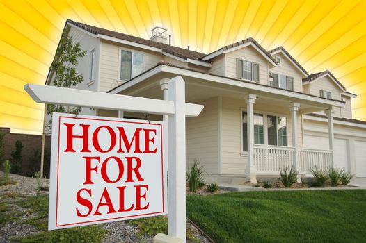 Home For Sale sign with Yellow Star-burst Background in front of new house.