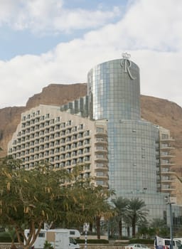 View to hotel and mountains in Dead Sea, Israel