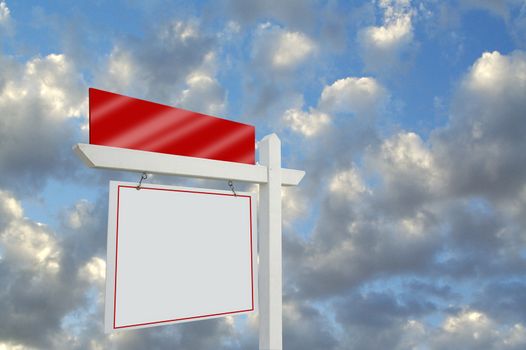 Blank Real Estate Sign on Dramatic Cloudy Sky Background.