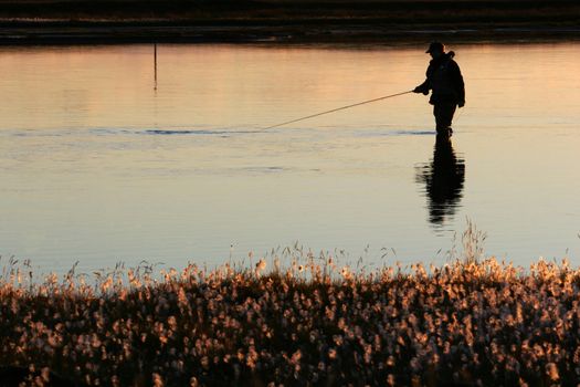  A man flyfishing in calm weather in twilight, sun lighting up the water and the near riverbank