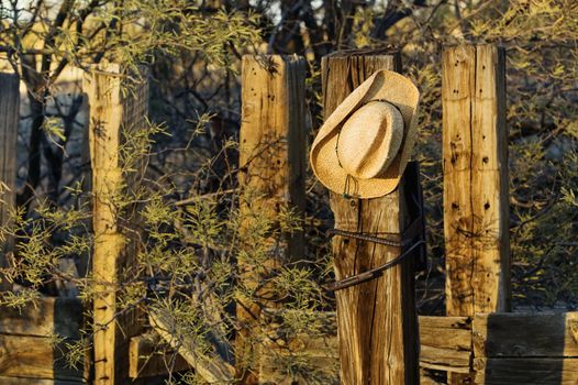 Straw cowboy hat hanging on an old wooden post.