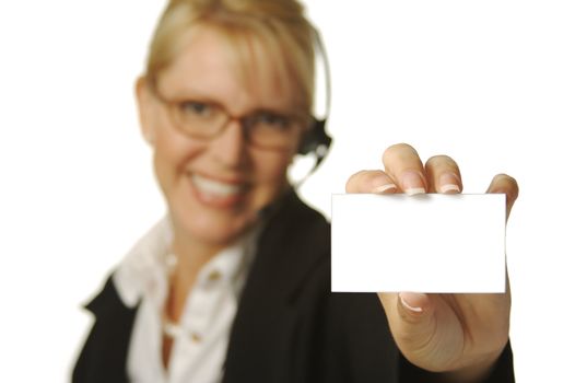 A beautiful friendly secretary/telephone operator holding a blank card ready for your message
