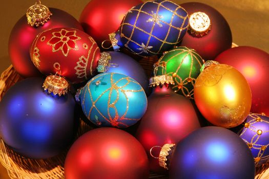 Large assortment of beautiful colorful Christmas ornaments.