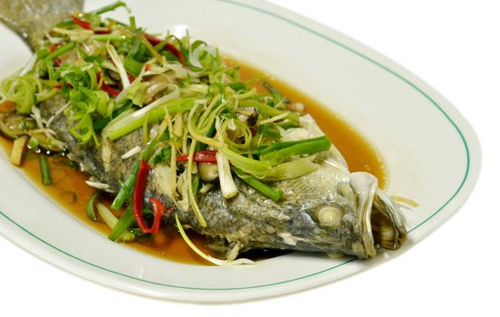 Steamed tubtim fish with light soy sauce