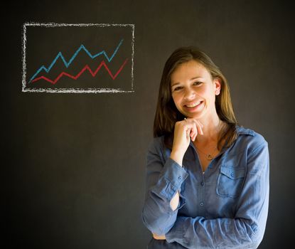 Confident business woman or teacher with arms crossed against a blackboard background