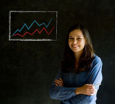 Confident business woman or teacher with arms crossed against a blackboard background