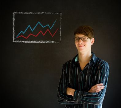 Confident business man or teacher with arms crossed against a blackboard background