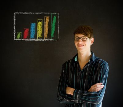 Confident business man or teacher with arms crossed against a blackboard background