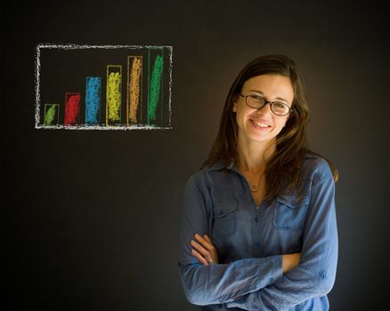 Confident business woman or teacher with arms crossed against a blackboard background