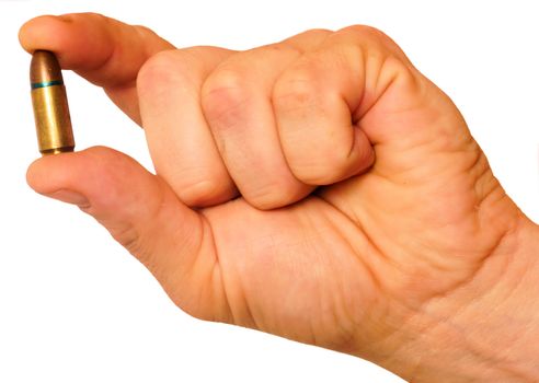 Hand with bullit, isolated against background