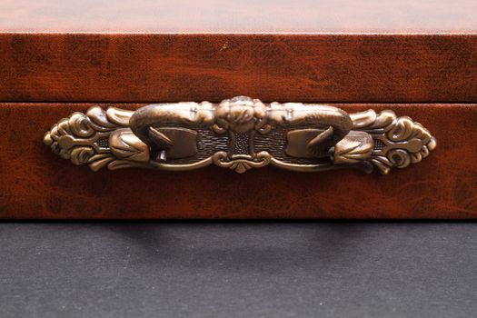 Close up view of the leather box handle