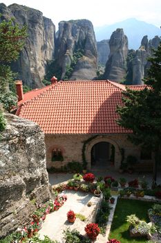 Greece. Meteora monastery in mountains. In the yard 