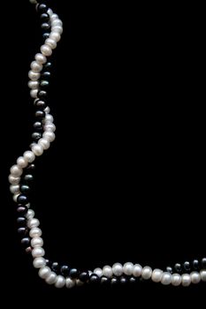 White and black pearls on a black velvet background 