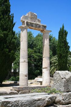 Greece. Kos island. Marble columns. Ruins