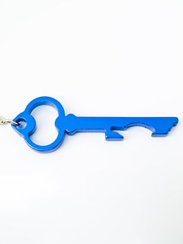 A blue stainless steel key's keychain isolated on white background