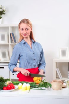 portrait beautiful woman cooking vegetables, healthy lifestyle