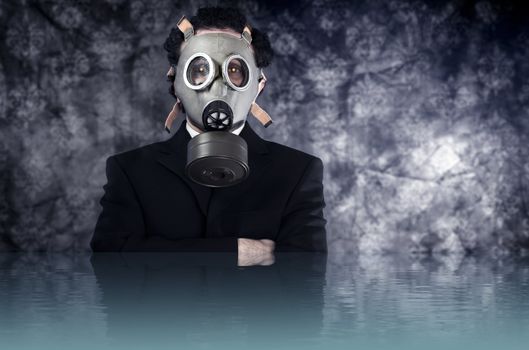 Risk concept, businessman with gas mask and black suit, water reflection effect