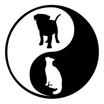 Illustration of a Yin Yang symbol with a silhouette cat and dog