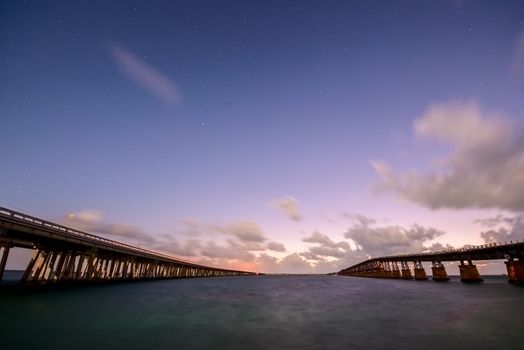 Night landscape with two Bahia Honda Bridges on the Florida Keys